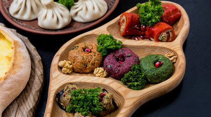 Georgian cuisine food set. Georgian restaurant. Restaurant background.