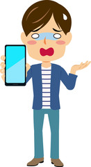 スマートホンの画面を見せる若い男性（ネガティブ）