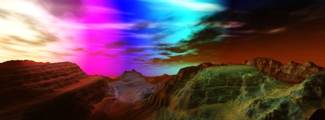 Fototapeta na wymiar Radiance in the sky, alien landscape, northern lights, 3D rendering