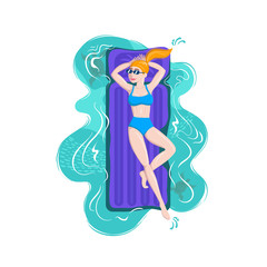 Vector colorful illustration with girl on the inflatable mattress. Cartoon young woman in a swimwear. Illustration on the theme of summer, sea and relaxation
