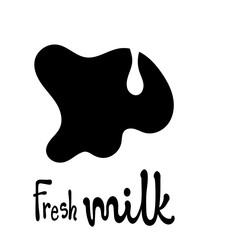 Fresh milk hand drawn lettering and black cow spot with milk drop. Rough doodle style vector illustration applicable for logo and package design.