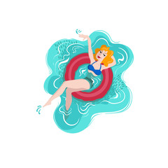 Vector colorful illustration with girl on the rubber ring. Cartoon young woman in a swimwear. Illustration on the theme of summer, sea and relaxation