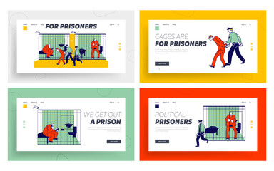 People in Jail Website Landing Page Set. Man Officer Bringing New Prisoner to Prison. Life in Jailhouse. Police Indoors Interior, Cops and Criminals Web Page Banner. Cartoon Flat Vector Illustration