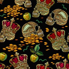 Embroidery golden crown, human skull and green apples. Gothic seamless pattern. Fashion template for clothes, textiles, t-shirt design