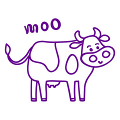 Vector illustration, line cartoon standing spotted violet cow. Hand drawn, isolated. With 
