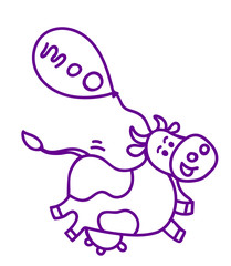 Vector illustration, line style, running or flying spotted cow with air balloon. Hand drawn, isolated, violet color. With 