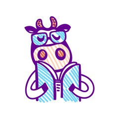 Vector illustration, line cartoon cow wearing glasses, reading book. Hand drawn, violet outline, isolated. 