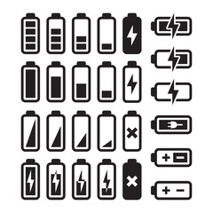 Battery empty and full with a lightning bolt charge symbol. Black isolated simple battery vector icon set.