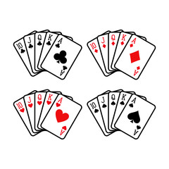 Royal flush hand of clubs, diamonds, hearts and spades playing cards deck colorful illustration. Poker cards, jack, queen, king and ace vector.