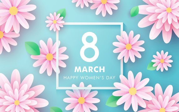 8 march. Happy Women's Day. Paper cut floral poster, banner or greeting card. Origami flower holiday background. Promotion, shopping template with square frame, place for text. Trendy Design Template
