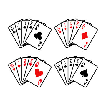 Royal flush hand of clubs, diamonds, hearts and spades playing cards deck colorful illustration. Poker cards, jack, queen, king and ace vector.