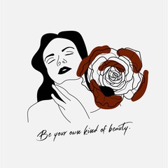 Hand writing quotation with illustration of woman and red rose in simple colors. Simple, and vintage style, suitable for wallpaper, cards, print, home decor, coffee shop.