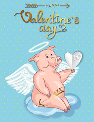 Happy Valentine's Day, gold inscription, picture of a cute pig with angel on the pink background. Heart, wings, clouds, Arrow of love.