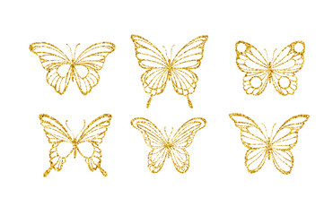 Fototapeta na wymiar Set glitter butterflies. Beautiful spring, summer golden sequins silhouettes. Icons different shapes wings, for fashion, ornaments, tattoo and wedding design 