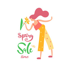Vector illustration, trendy flat cartoon girl smelling flower. In warm colors. With 