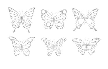 Plakat Set glitter butterflies. Beautiful spring, summer golden sequins silhouettes. Icons different shapes wings, for fashion, ornaments, tattoo and wedding design 