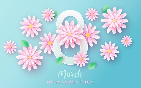 8 march. Happy Women's Day. Paper cut floral poster, banner or greeting card. Origami flower holiday background in pastel colors. Promotion and shopping template. Trendy Design Template