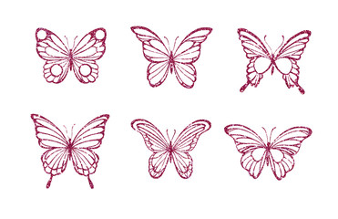 Fototapeta na wymiar Set glitter butterflies. Beautiful spring, summer golden sequins silhouettes. Icons different shapes wings, for fashion, ornaments, tattoo and wedding design 