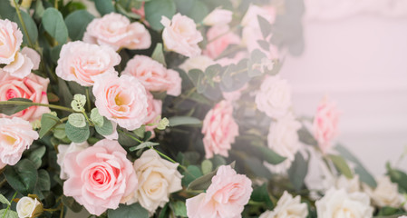Bouquet composition with beautiful roses in a gift box. Wedding background, postcard with space for text