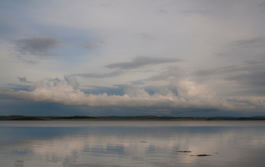 Donegal seascape with sea, and dark clouds. Distant hills in the distance