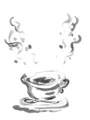 モノクロ, 白黒, モノクロ 単色, コーヒー, コーヒーイメージ, 湯気, コピースペース, 余白, coffee, Coffee, 書き込みスペース, 文字スペース, 熱い, あったかい, 温かい, ホット, ホットコーヒー, スプーン, 筆書き, 手書き, 白バック, 筆, 白背景, 素材, イラスト, イラストレーション, 手描き, 筆描き, カット, 挿絵, 墨絵, イメージ, イメージ