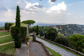 Obraz premium Rome 8 March 2020. The Vatican gardens of the papal residence, well-kept fountains and trees.