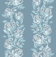 Gentle seamless pattern with flowers nad leaves of rose. Design in vintage style for material, wallpaper, wrapping