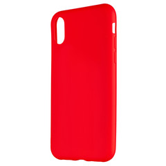 Red silicone case for smartphone or phone with cutouts for the camera. Three quarter view isolated on white background