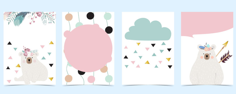 Pink green gold geometry baby shower invitation with bear,rose,flower,feather. Vector birthday invitation for kid and baby.Editable element