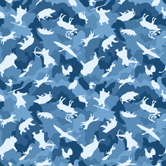 Blue camouflage seamless pattern of wild animals and northern hunters.