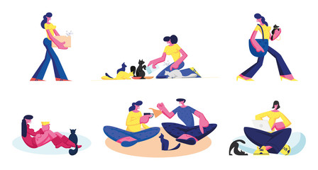 Set of People Spend Time with their Pets. Male and Female Characters Care of Cats and Dogs Isolated on White Background. Man and Woman Feeding, Playing with Animals Cartoon Flat Vector Illustration