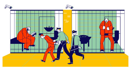 Prisoners in Prison Jail and Policemen. People in Orange Jumpsuits in Cell. Arrested Convict Men Stand Behind of Metal Bars. Life in Jailhouse. Police Indoors Interior Cartoon Flat Vector Illustration