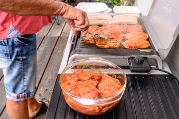 Barbecue grill bbq on coal charcoal grill with steaks bratwurst sausages and meat delicious summer meal