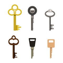 Keys vector set isolated on white, flat cartoon style, modern and classic retro door 6 keys bunch