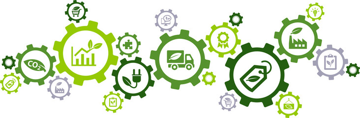 Sustainable business or green business vector illustration. Concept with connected icons related to environmental protection and sustainability in business. - obrazy, fototapety, plakaty