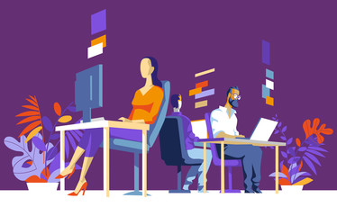Impiegati, colleghi lavorano sul computer in ufficio - illustrazione vettoriale