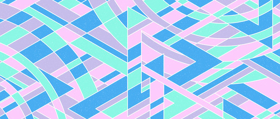 Horizontal geometric banner. Stylish abstract retro background. Soft pastel colors. Grainy texture effect. Colorful modern pattern with squares,triangles, and rounds. Vector. Template for printing.