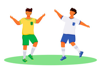 Fototapeta na wymiar Latino boys in sportswear flat color vector faceless characters. Football fans. Standing teenager. Sportsmen. Brazil carnival isolated cartoon illustration for web graphic design and animation