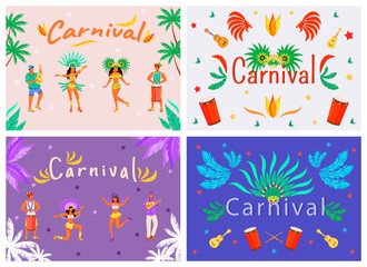 Fototapeta na wymiar Carnival banner flat vector templates set. Horizontal poster word concepts design. Musicians and dancers cartoon illustrations with typography. National holiday symbols on colorful backgrounds