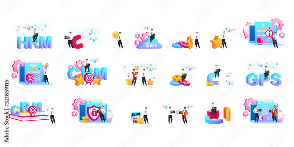 Poster crm flat concept vector illustrations set. processes automation metaphors. business optimization. da