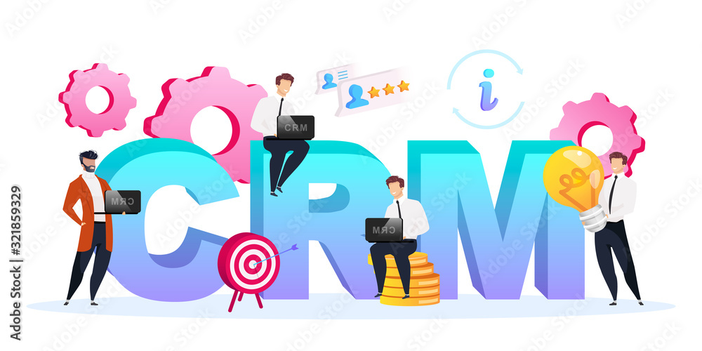 Wall mural crm word concepts flat color vector banner. isolated typography with tiny cartoon characters. busine