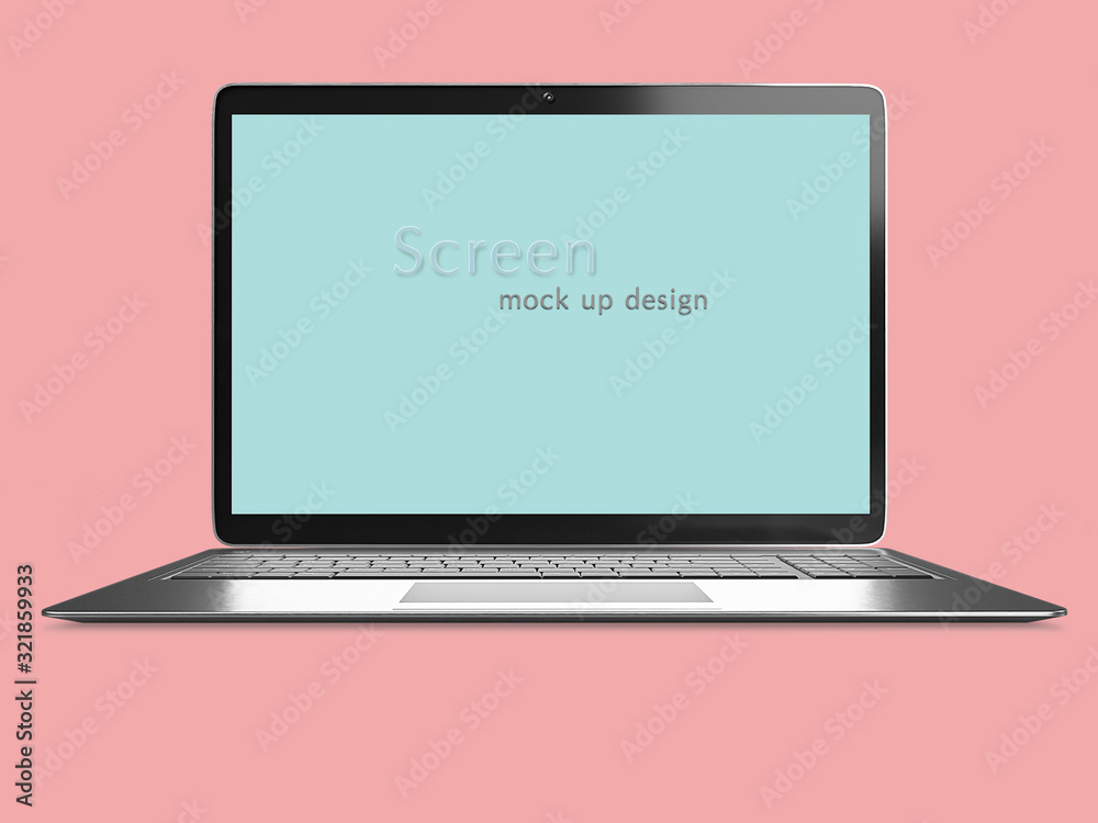 Poster Modern laptop computer with clipping path on screen for easy replace you design you design mockup on simple color background