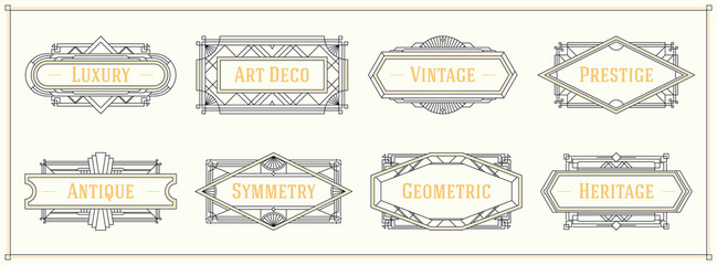 Art deco style line border and frames, decorative geometric ornament set label vintage vector design graphic elements - obrazy, fototapety, plakaty