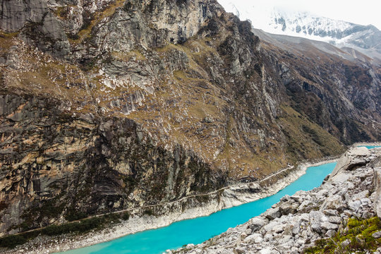 Paron lagoon, at Huascaran National Park, Peru. A green lake in the Cordillera Blanca on the Peruvian Andes