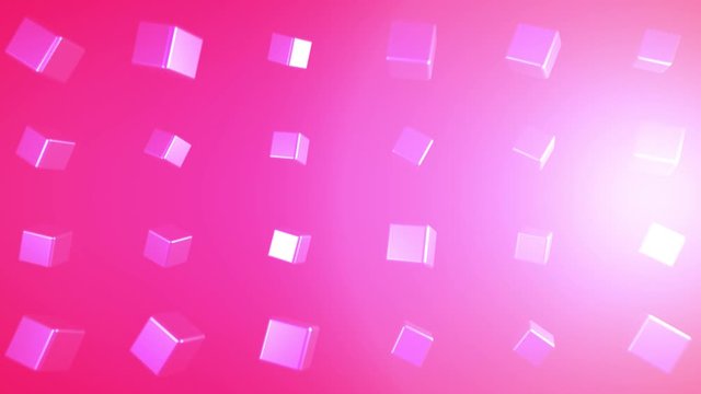 Abstract pink cubes placed in rows on pink background with light flare rotating into different directions. Animation. 3D neon geometric figures, motion graphics concept.