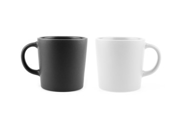 Black and White Mugs From Different sides, Blank Ceramic cup Isolated on White Background. Food and Drink object Concept Design.