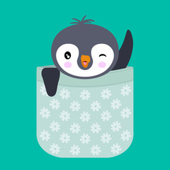 Cute penguin waving inside pocket