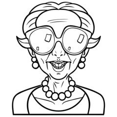 monochrome funny illustration of an old woman laughing and wearing big sunglasses. short hair, coloring page, comic, character, vector,