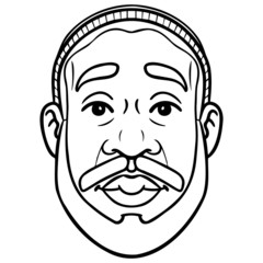 monochrome comic drawing of a dark-skinned man with big glasses, hat and full beard. avatar, vector, cool, emotion, illustration, face.