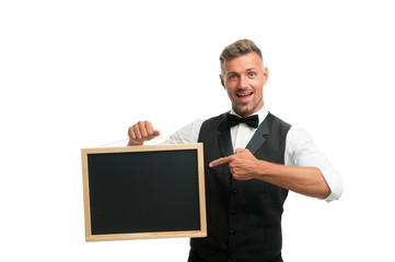 Call this number. Restaurant food. Restaurant owner. Hiring staff. Restaurant workers wanted. Cafe shop advertisement. Happy hours. Mature man waiter hold blackboard copy space. Visit us contacts